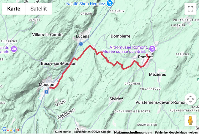Routenskizze zur Jakboswanderung von Romont nach Moudon