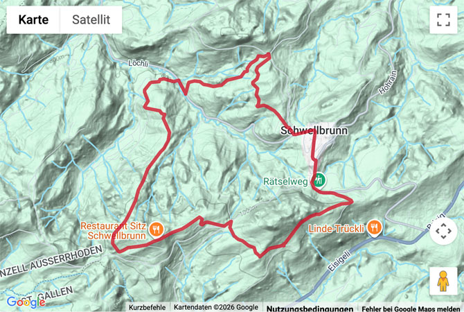 Routenskizze zur Rundwanderung in Schwellbrunn