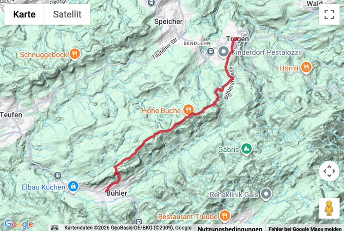 Routenskizze zur Wanderung von Trogen über die Hohe Buche