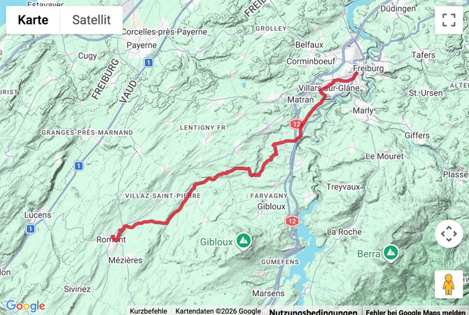 Routenskizze zur Jakobswanderung von Freiburg nach Romont
