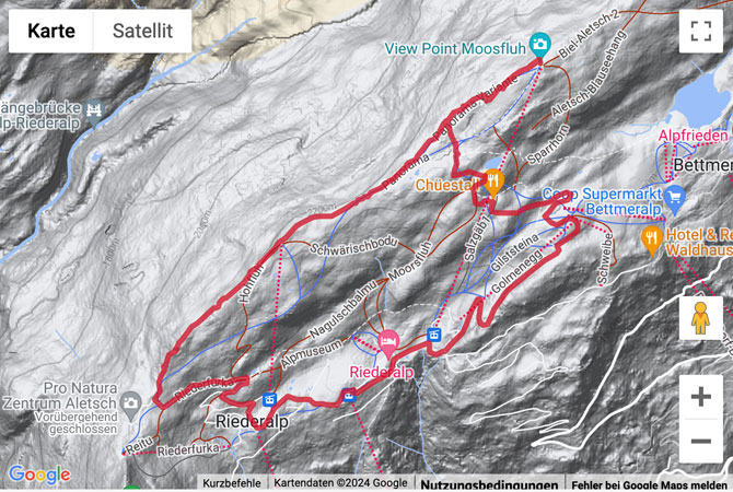 Übersichts-Routenkarte für die Winterwanderung von der Riederalp über die Moosfluh