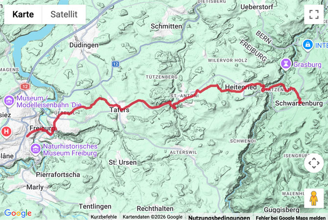 Routenskizze zur Wanderung von Schwarzenburg nach Freiburg