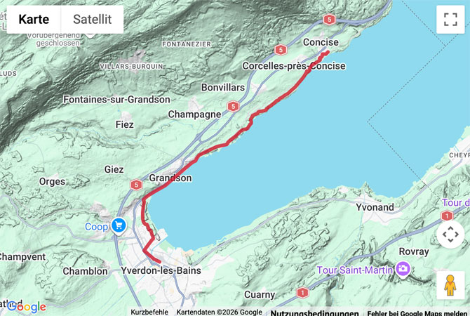 Routenskizze zur Uferwanderung von Yverdon-les-Bains nach Concise