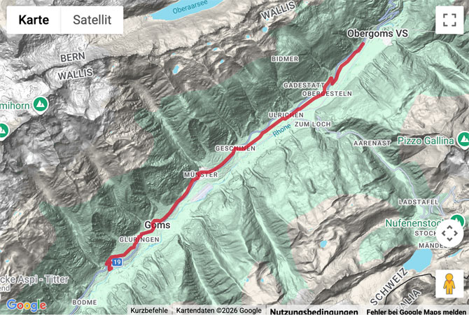 Routenskizze zur Winterwanderung im Goms von Oberwald nach Biel