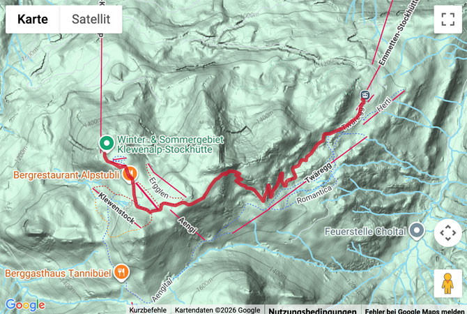 Routenskizze zur Schneeschuhtour von der Klewenalp nach Stockhütte