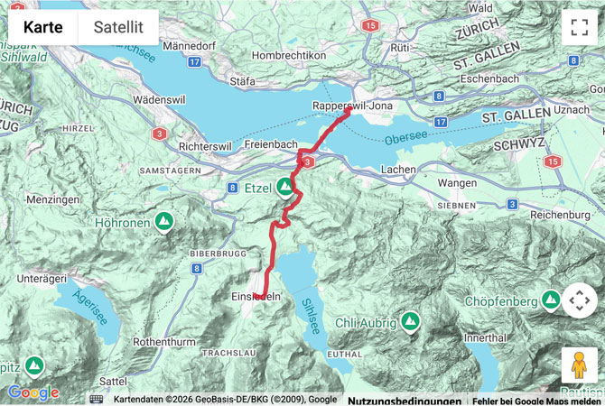 Routenskizze zur Jakobswanderung von Rapperswil nach Einsiedeln