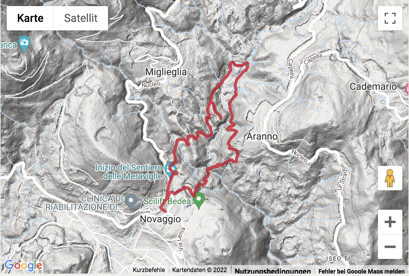 Carte de situation avec l'itinéraire pour la Wanderung auf dem Weg der Wunder bei Novaggio
