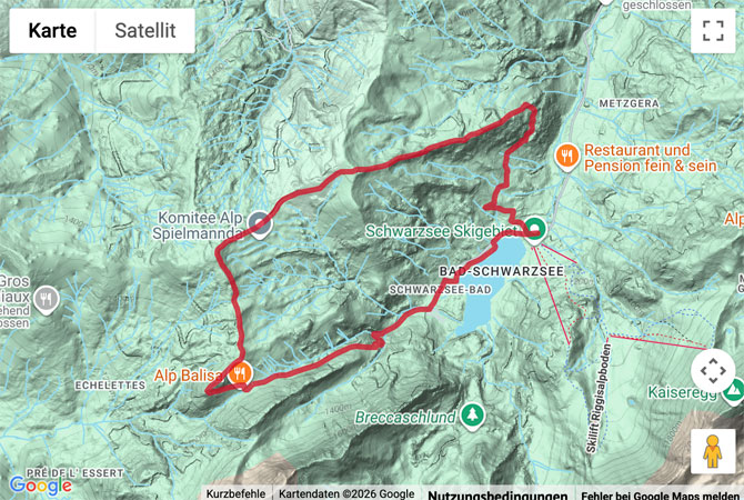 Routenskizze zur Wanderung vom Schwarzsee über den Schwyberg
