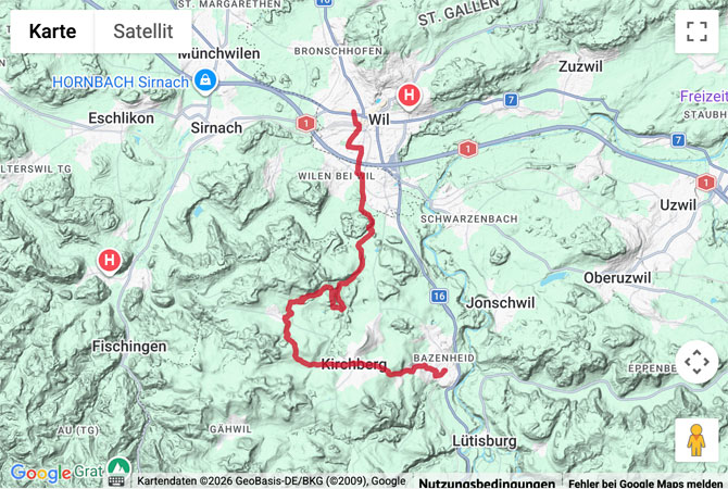 Routenskizze zur Wanderung von Wil zum Giessenfall und nach Bazenheid