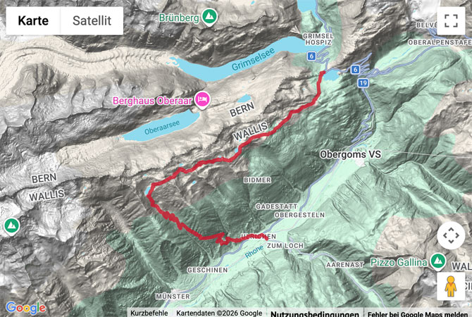 Routenskizze zur Bergwanderung 9 Seen-Weg im Obergoms