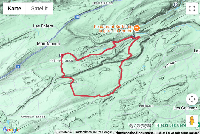 Routenskizze zur Rundwanderung durch die Freiberge bei Montfaucon