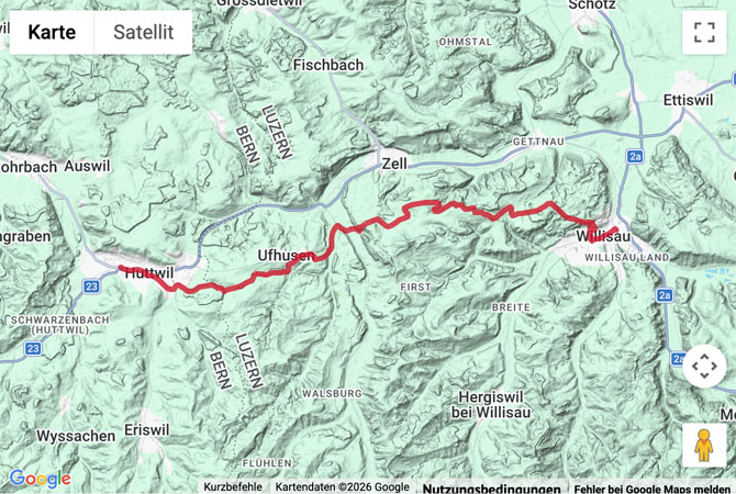 Routenskizze zur Wanderung von Huttwil nach Willisau