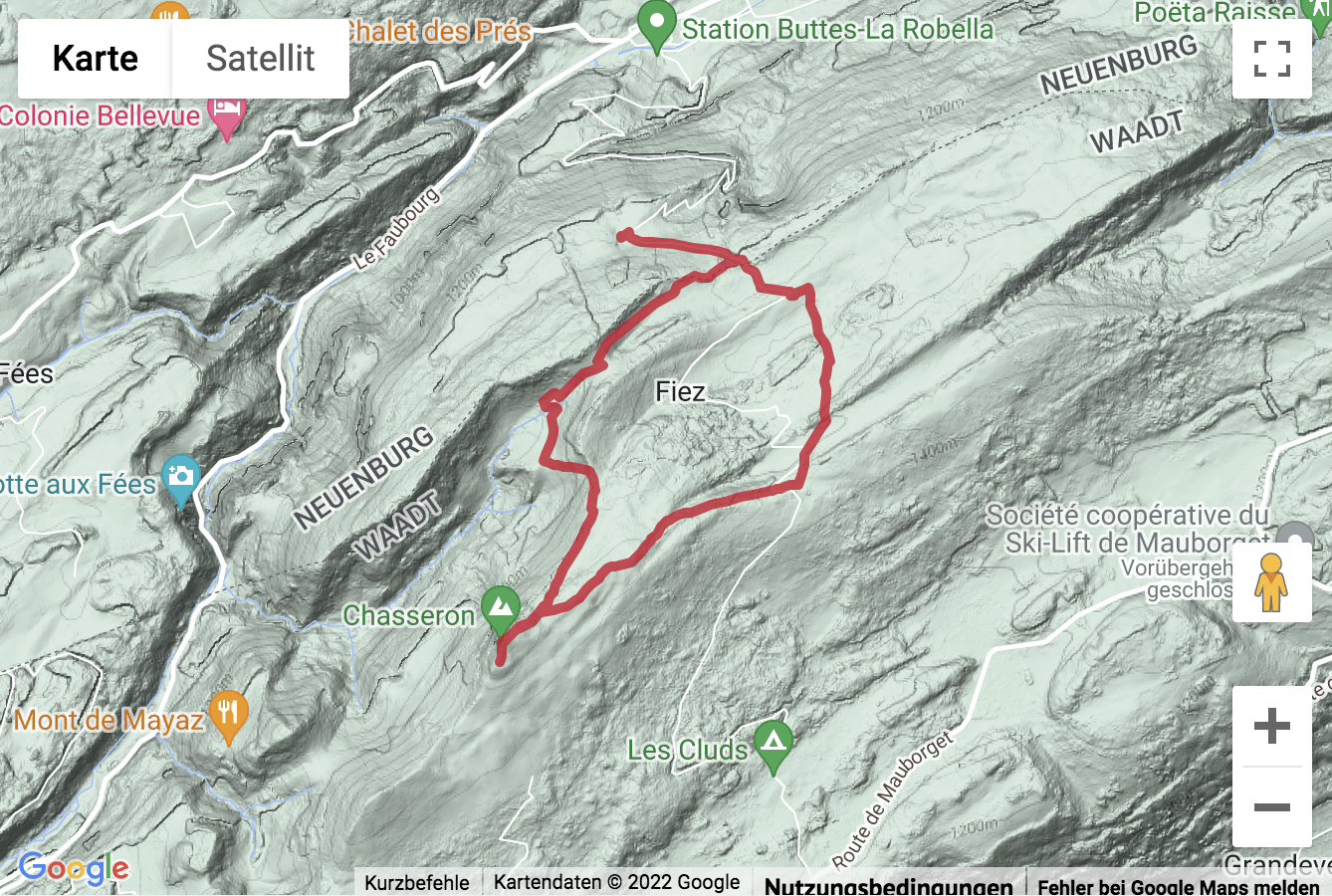 Übersichts-Routenkarte für die Gipfelwanderung von Petite Robella zum Chasseron