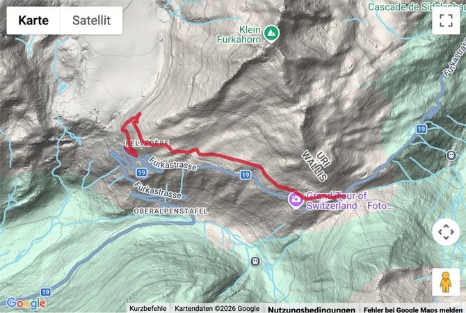 Routenskizze zur Panoramawanderung vom Furkapass zum Rhônegletscher