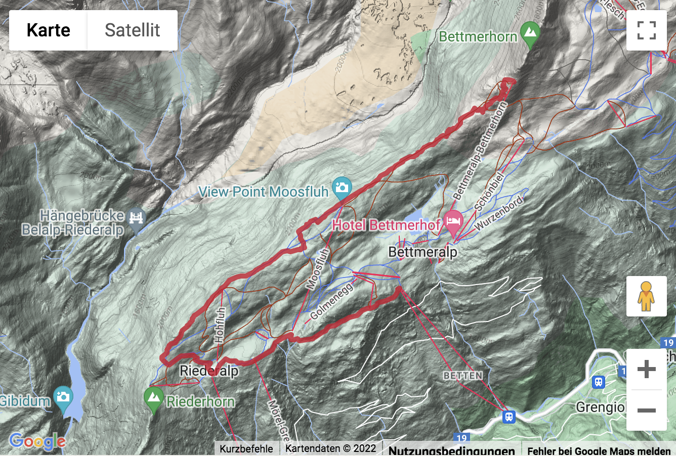 Übersichts-Routenkarte für die Bergwanderung von der Bettmeralp aufs Bettmerhorn