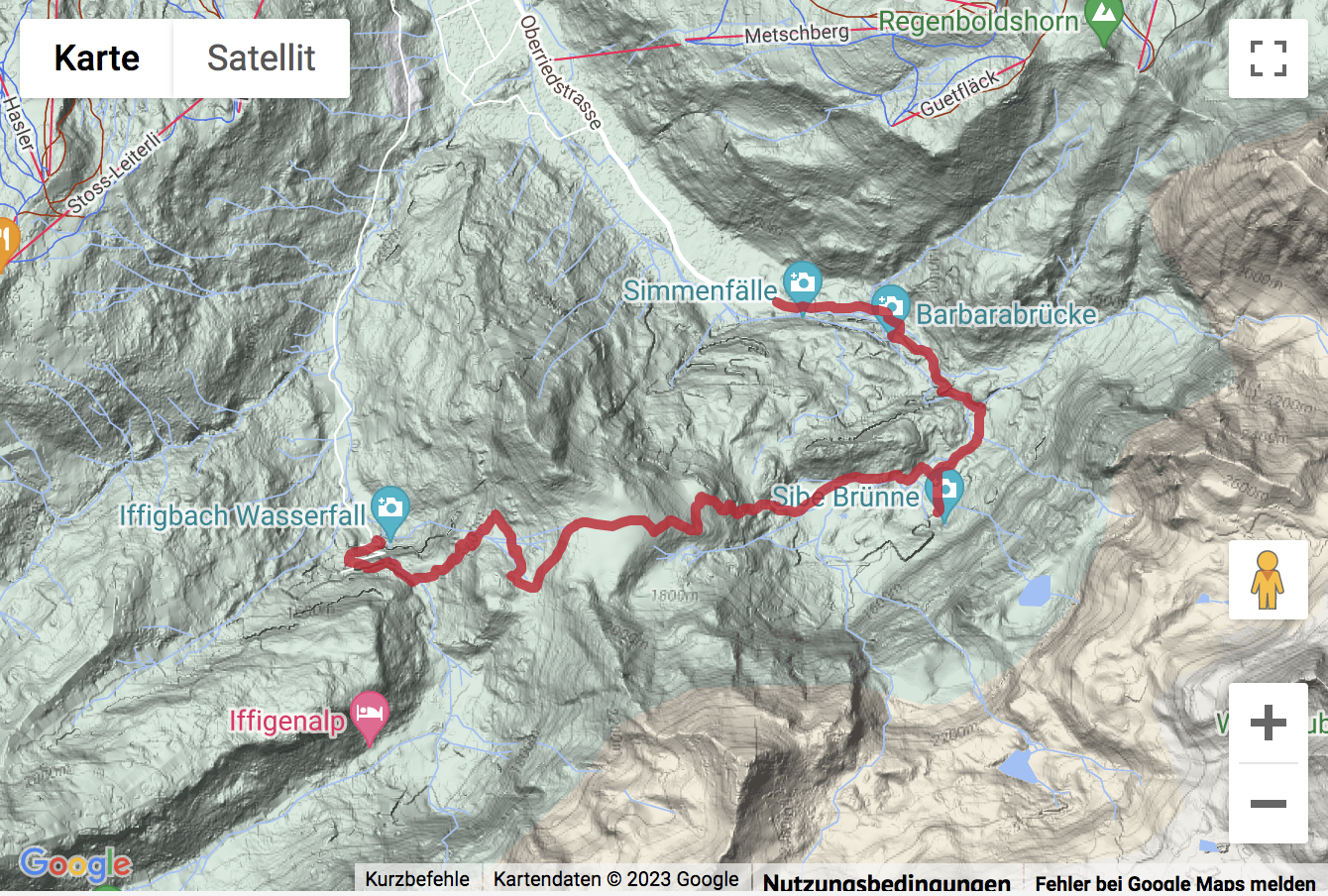 Übersichts-Routenkarte für die Wanderung zu den Simmenfällen und zum Iffigfall