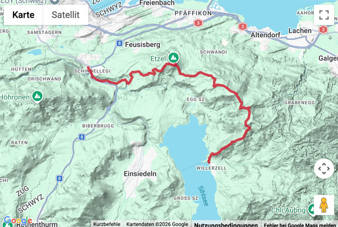 Routenskizze zur Wanderung über den Etzel an den Sihlsee