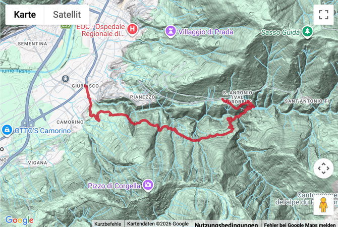 Routenskizze zur Wanderung auf dem Weg des Wassers durchs Valle Morobbia