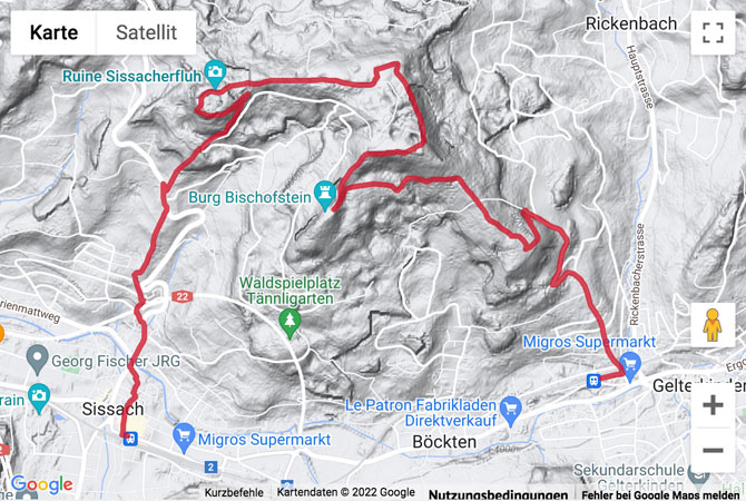 Übersichtskarte Wanderung von Gelterkinden über die Sissacher Fluh