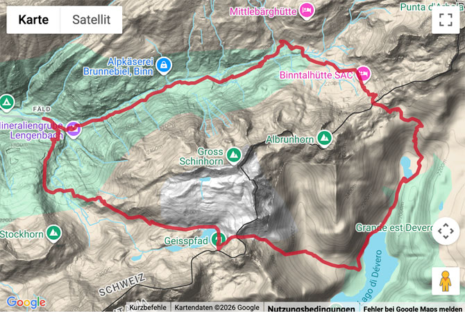 Routenskizze zur Bergwanderung auf dem Säumerweg im Binntal