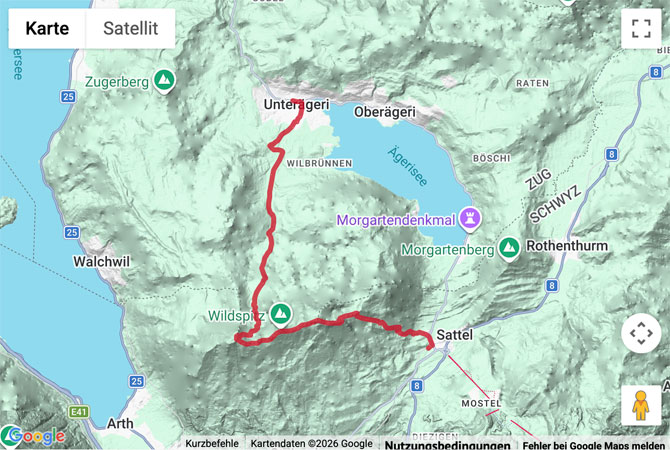 Routenskizze zur Bergwanderung über den Wildspitz nach Unterägeri