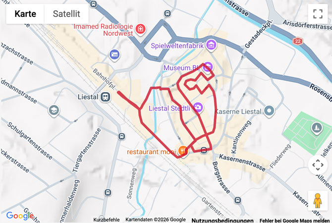 Routenskizze zur Stadtwanderung in der Baselbieter Hauptstadt Liestal