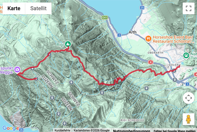Routenskizze zur Gipfelwanderung auf die Rigi