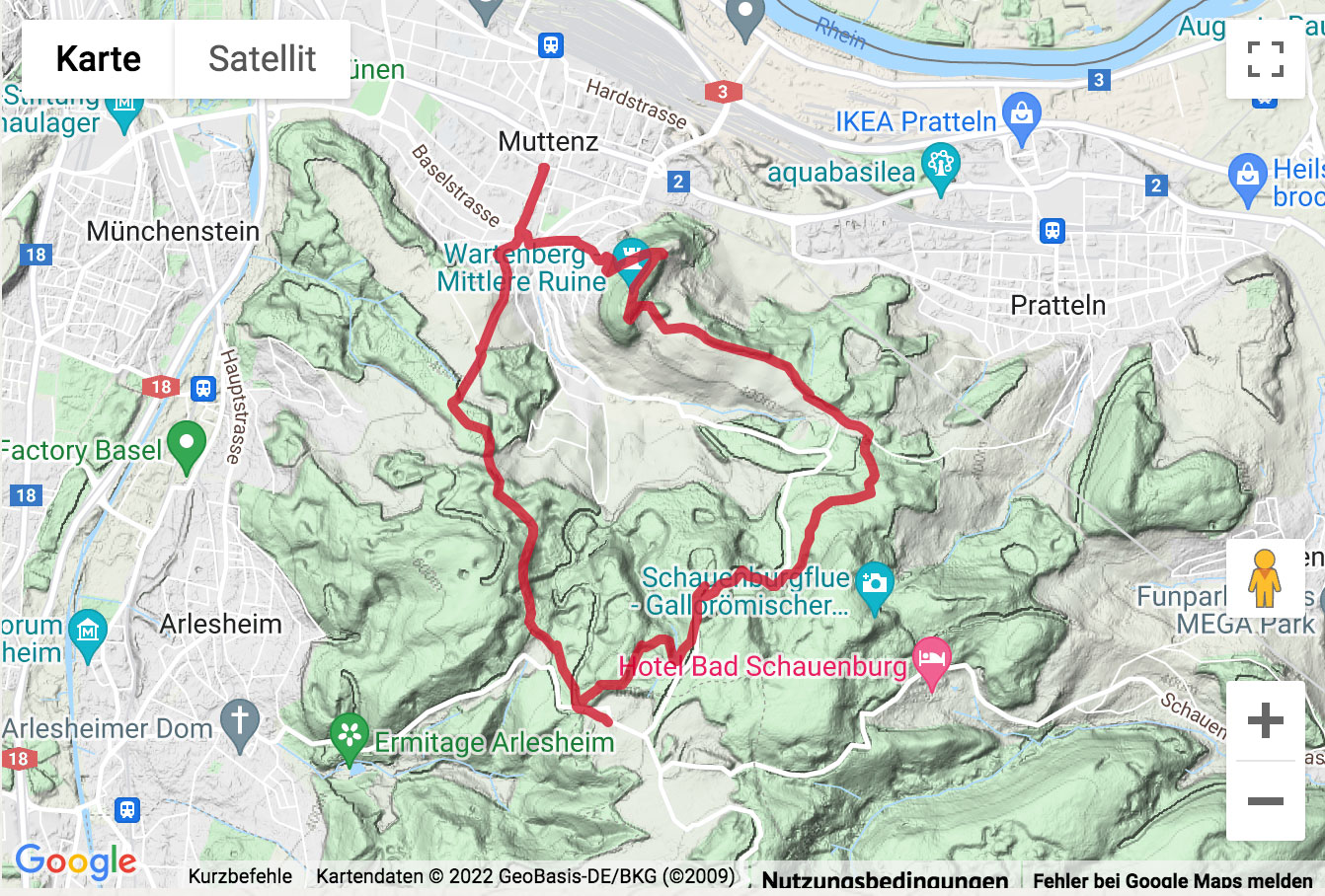 Übersichts-Routenkarte für die Wanderung von Muttenz über die Schönmatt