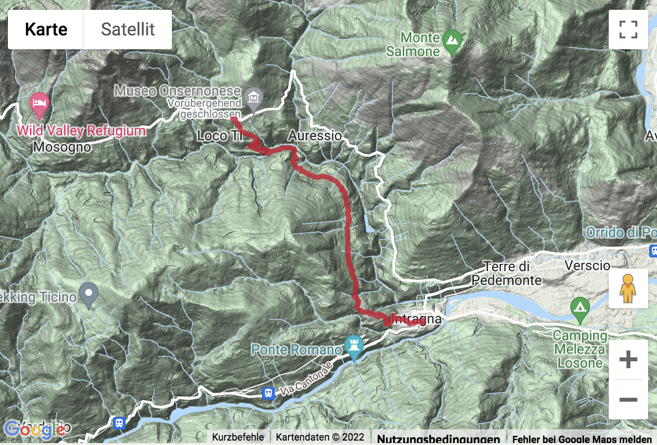 Carte de situation avec l'itinéraire pour la Auf der Via delle Vose von Loco nach Intragna