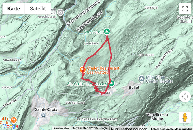 Routenskizze zur Wanderung von Les Rasses hinauf zum Chasseron