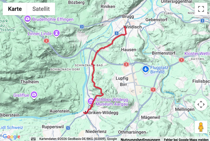 Routenskizze zur Wanderung auf dem Aargauer Weg von Wildegg nach Brugg