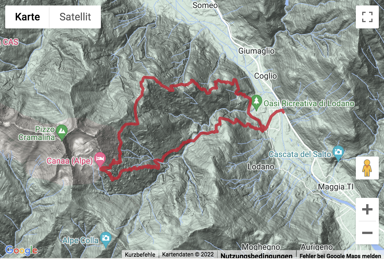 Carte de situation avec l'itinéraire pour la Bergwanderung von Lodano zu den Alpen Canaa und Pii