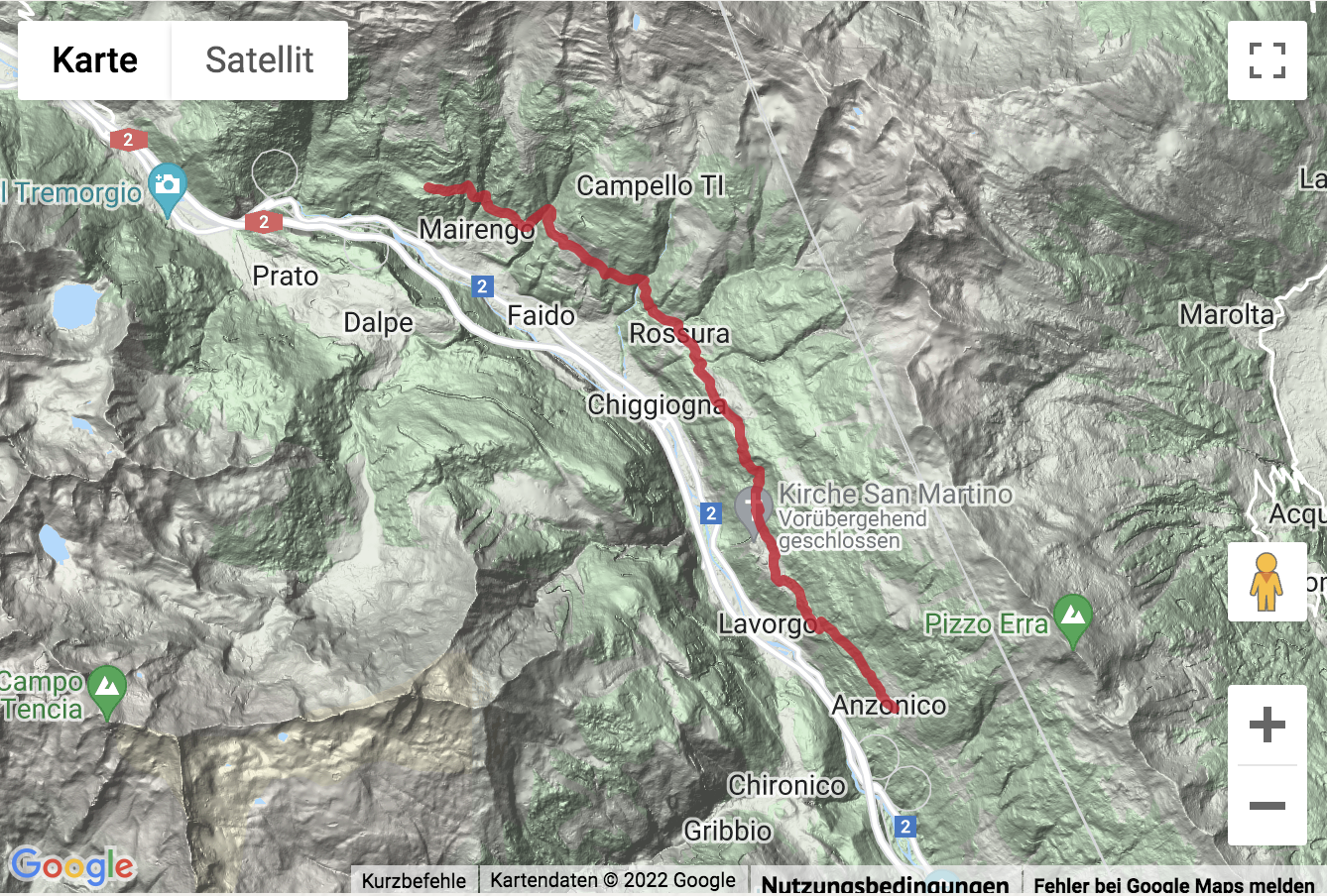 Carte de situation avec l'itinéraire pour la Höhenwanderung auf der Strada Alta von Osco nach Anzonico