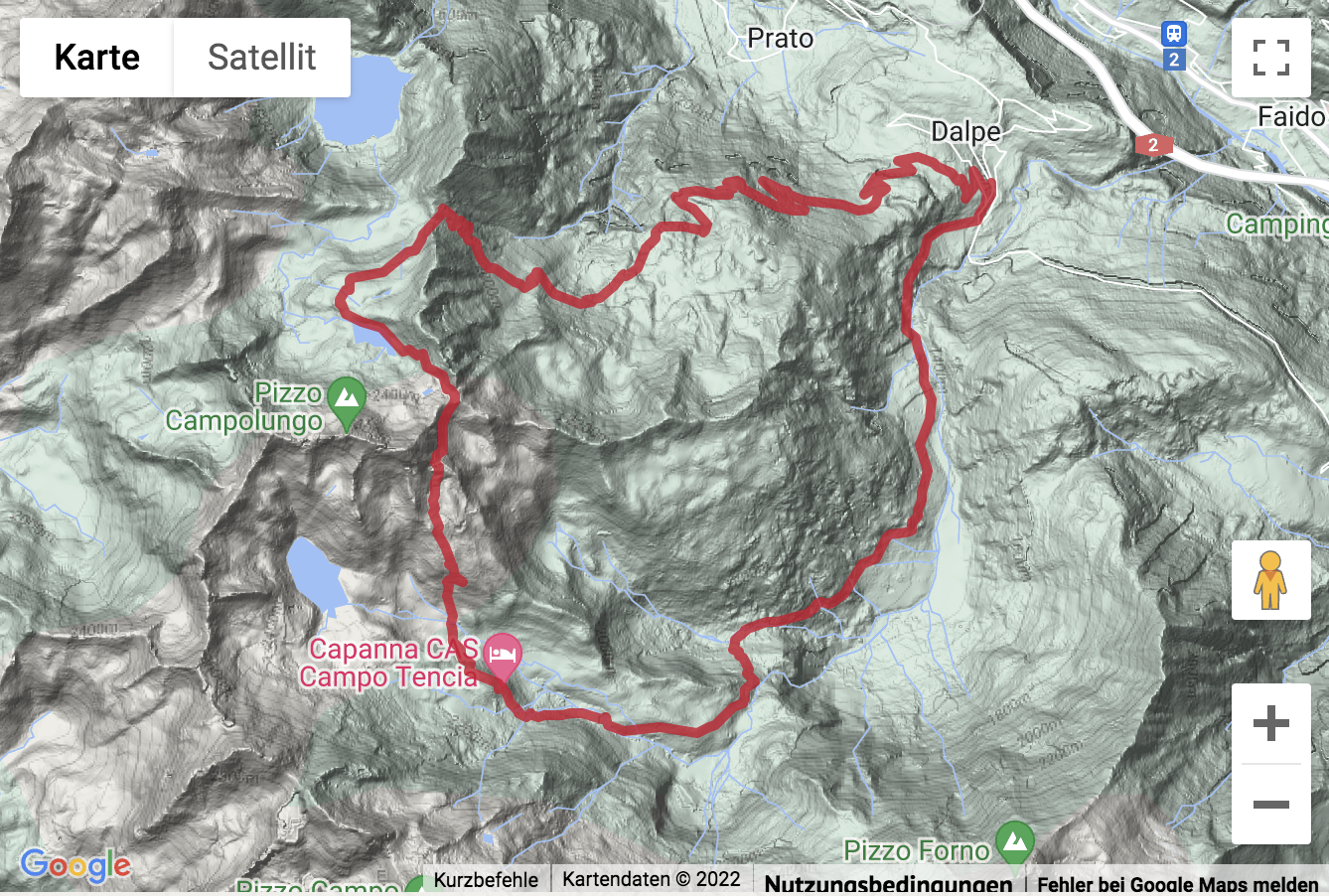 Carte de situation avec l'itinéraire pour la Bergwanderung zu den Hütten von Campo Tencia und Leit
