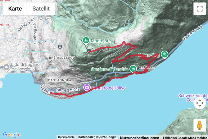 Routenskizze zur Wanderung vom Monte Brè nach Gandria