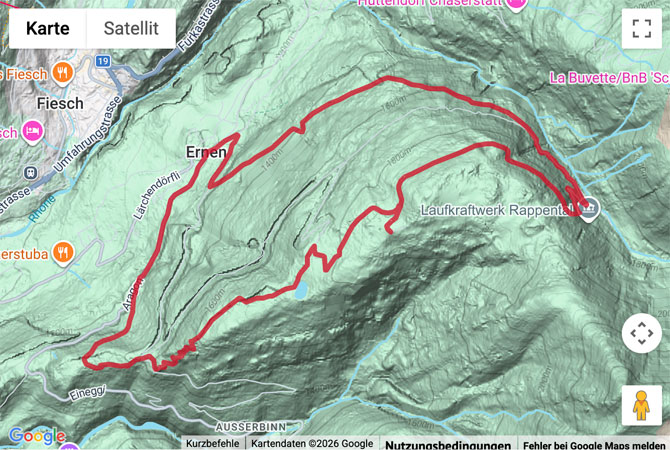 Routenskizze zur Rundwanderung von Ernen hinauf zur Alpe Frid