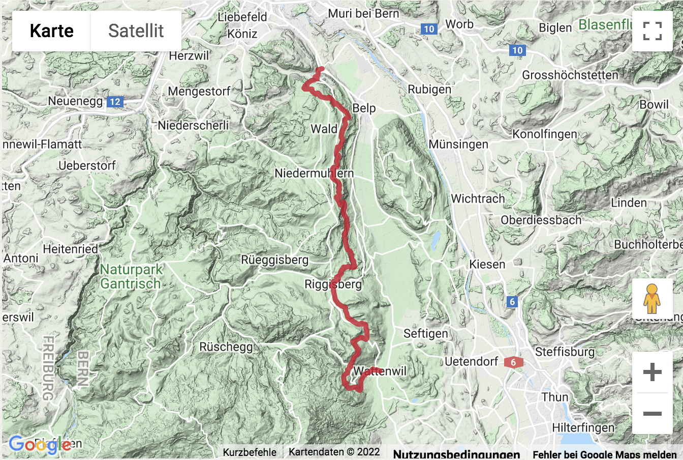 Übersichtskarte Wanderung auf dem Gürbetaler Höhenweg