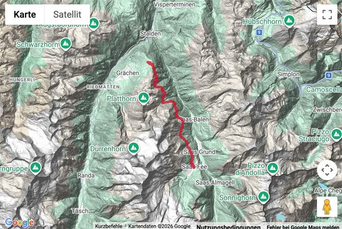 Routenskizze zur Auf dem Höhenweg Grächen - Saas-Fee hoch über dem Saastal