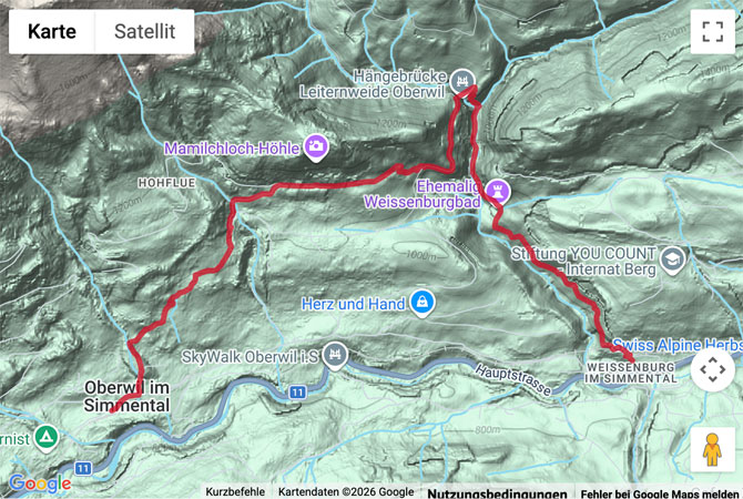 Routenskizze zur Simmentaler Höhlenpfad von Oberwil nach Weissenburg