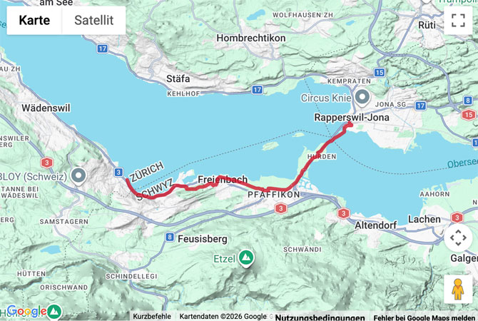 Routenskizze zur Wanderung von Rapperswil über den Seedamm