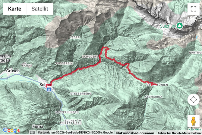 Routenskizze zur Wanderung von St. Antönien nach Schiers