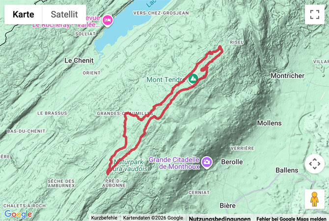 Routenskizze zur Wanderung vom Col du Marchairuz zum Mont Tendre