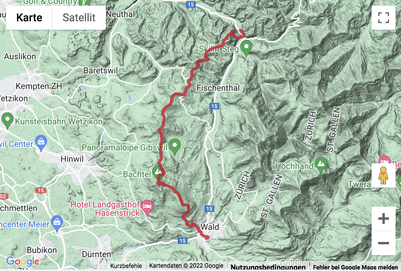 Übersichts-Routenkarte für die Höhenwanderung über den Bachtel ins Tösstal