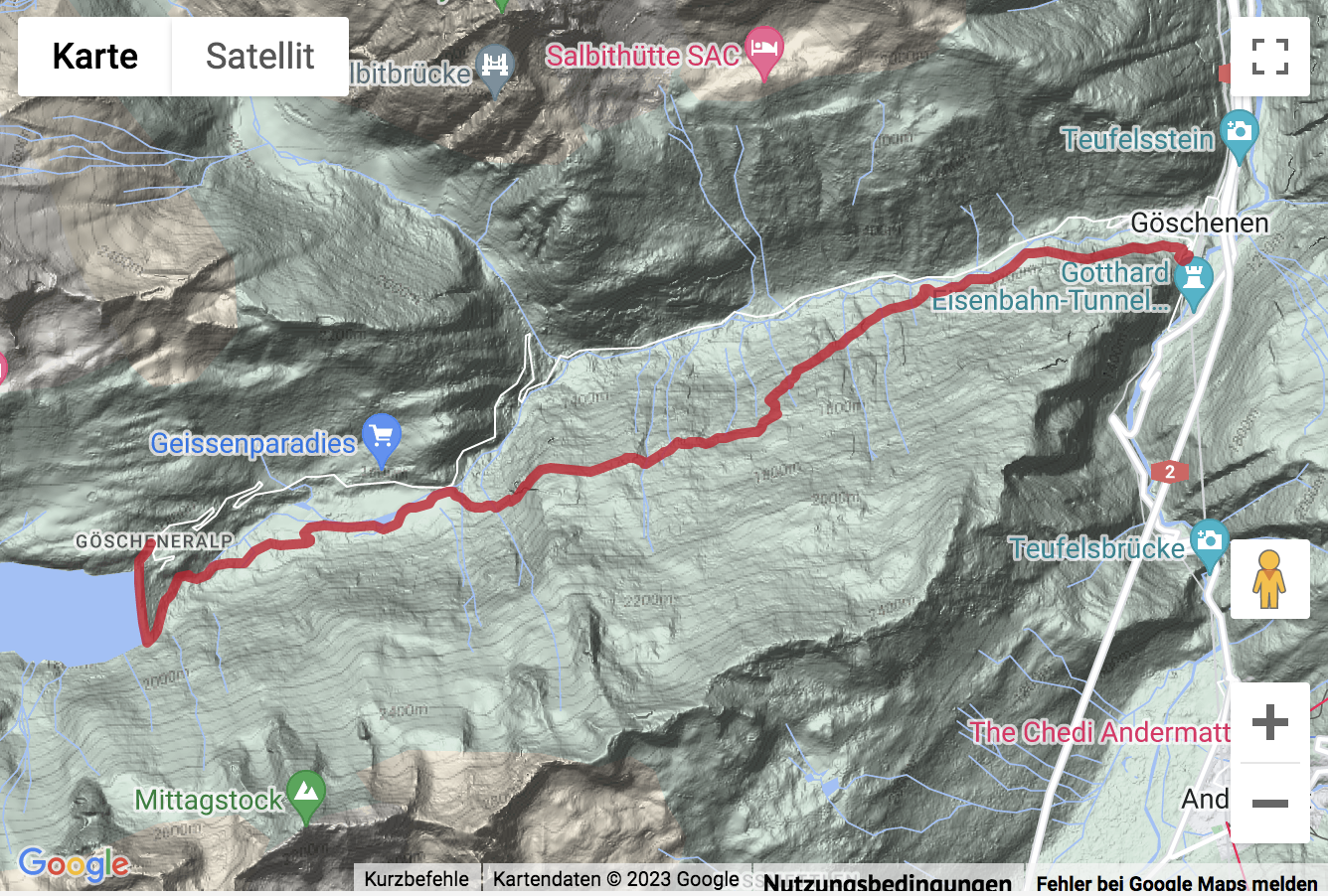 Übersichts-Routenkarte für die Höhenwanderung im Göschenertal