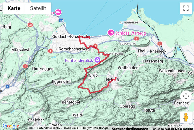 Routenskizze zur Wanderung von Heiden zum Fünfländerblick