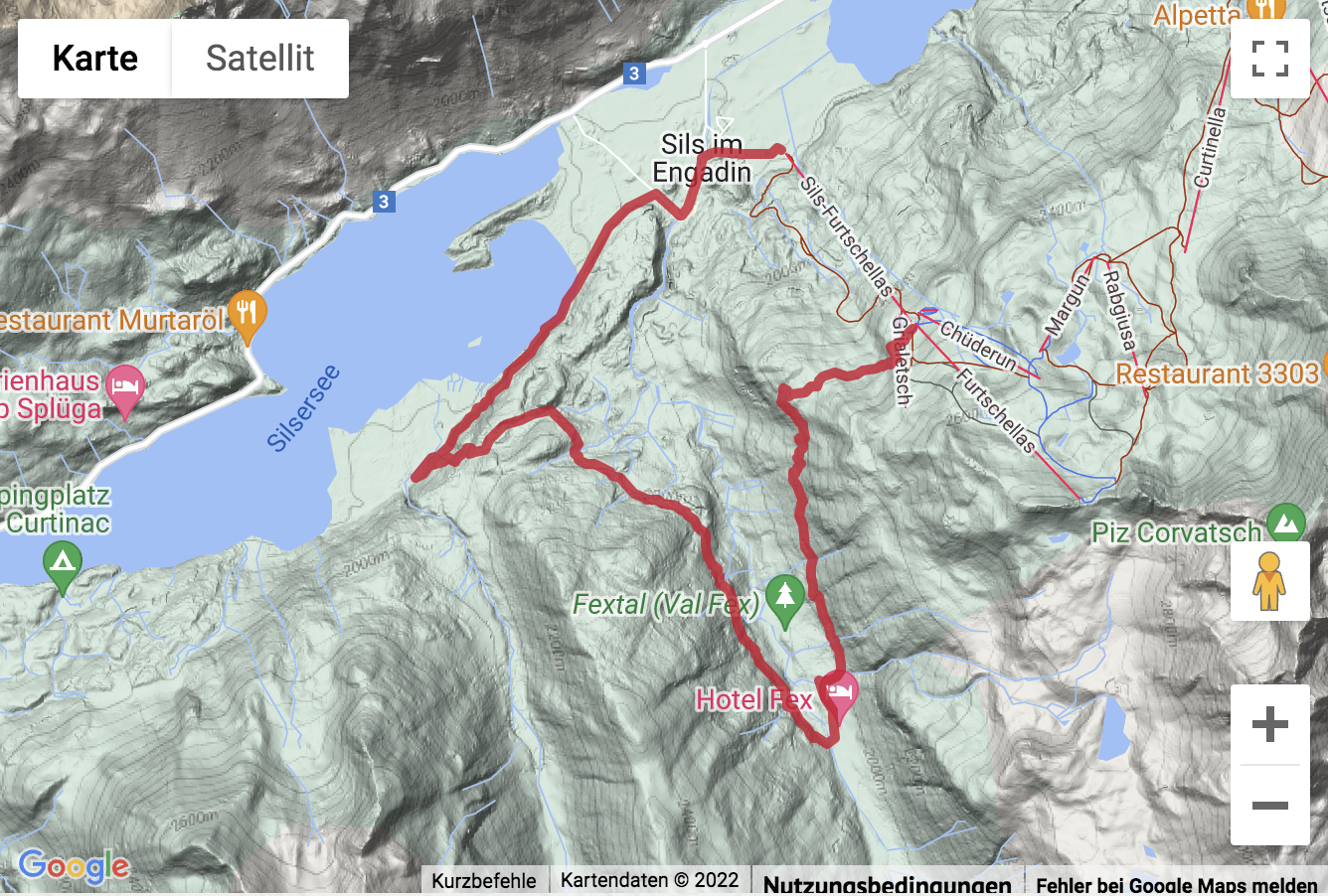 Übersichts-Routenkarte für die Wanderung durchs Val Fex nach Sils-Maria