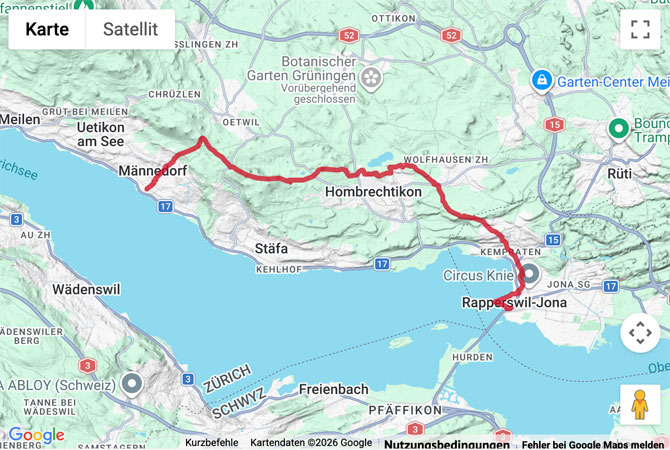 Routenskizze zur Wanderung von Männedorf nach Rapperswil