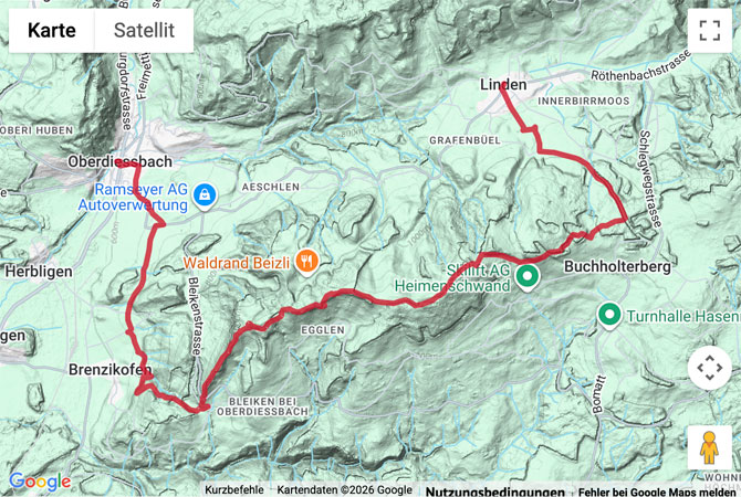 Routenskizze zur Wanderung von Linden über die Falkeflue