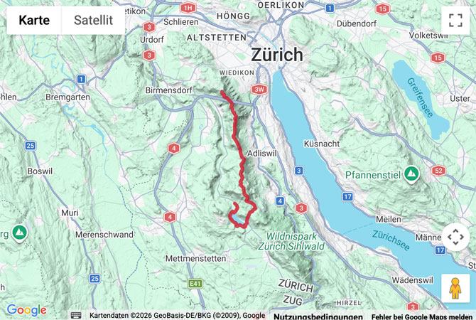 Routenskizze zur Höhenwanderung vom Uetliberg zum Türlersee