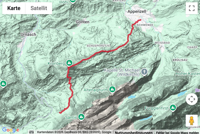 Routenskizze zur Wanderung über den Kronberg nach Appenzell